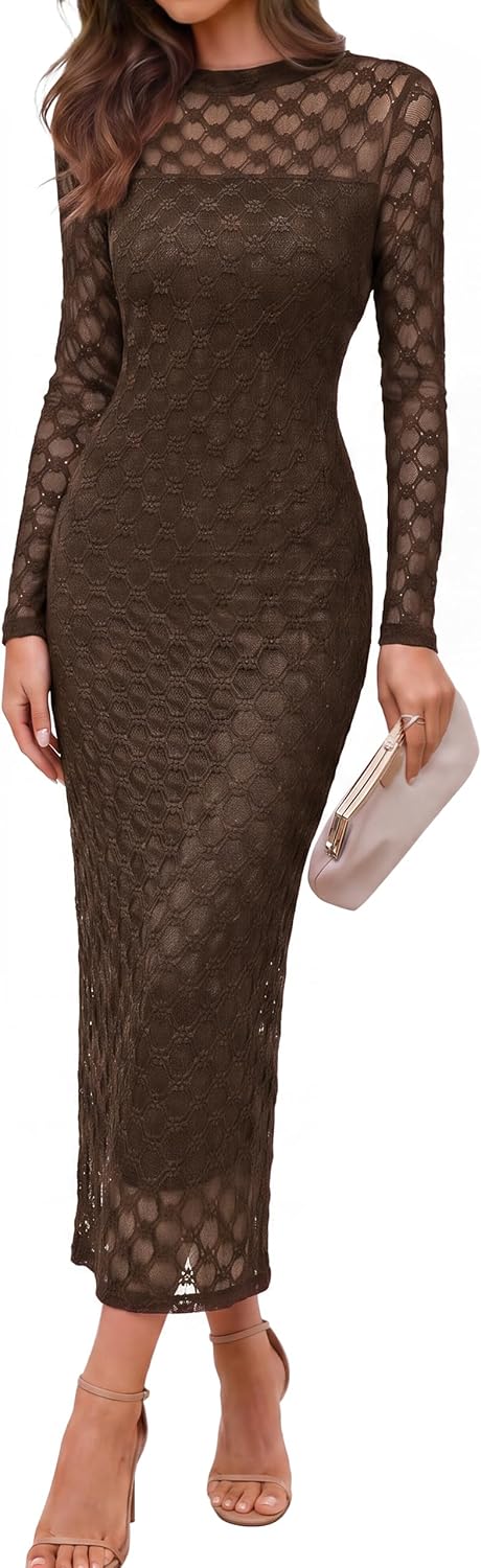 Simplee Womens Lace Maxi Formal Wedding Guest Elegant Bodycon Dress | long Sheer Mesh Sleeve, Crew Neck, Slim Fit, Mermaid, Lined, Cocktail Party, Bridal Shower, Prom, Fall Dresses