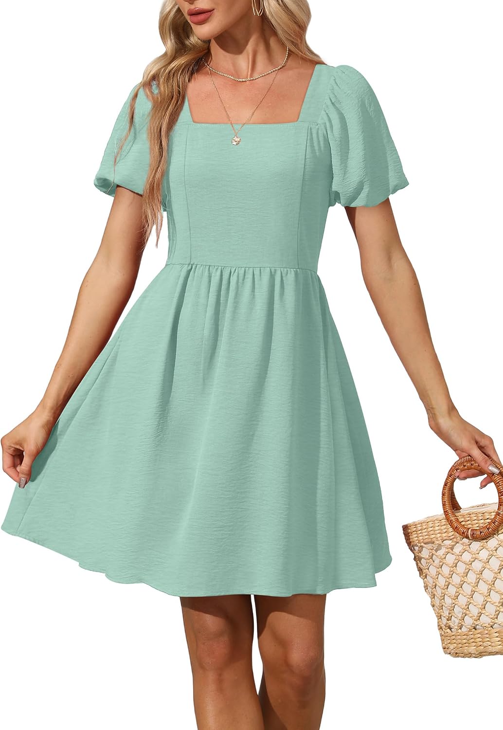 OFEEFAN Women Puff Sleeve Square Neck Tie in Back Dresses with Zipper
