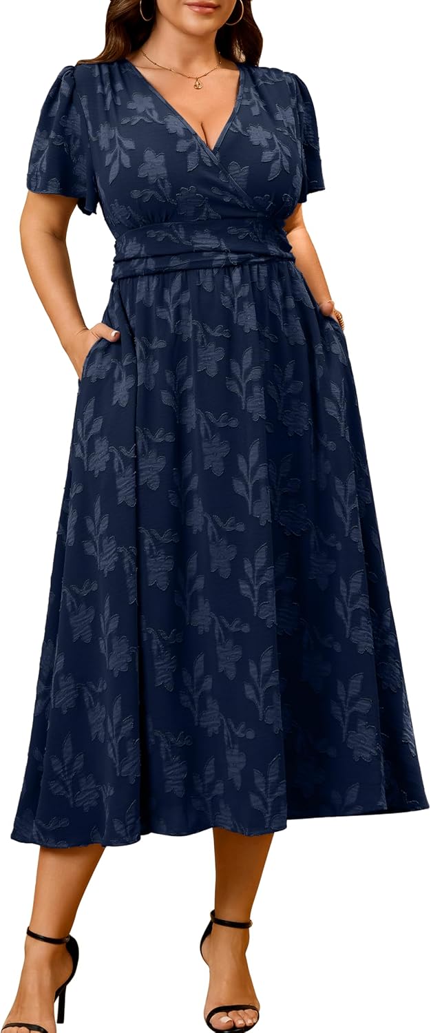 RWJ Womens Plus Size Wedding Guest Dress Summer Boho Floral Maxi Dresses | Semi Formal Evening Party Cocktail Dress with Pockets, Elegant Wrap V Neck Short Sleeve Empire Waist Spring Vacation Outfits