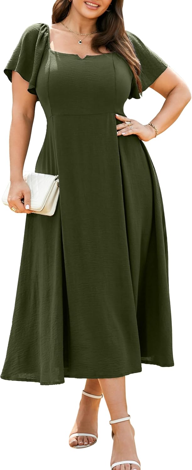 RWJ Plus Size Dresses for Women Wedding Guest Cocktail Summer Maxi Dress | Gowns Evening Party Formal Dresses, Elegant Square V Neck, Short Sleeve Off Shoulder, Pleated Empire Waist Dress with Pockets