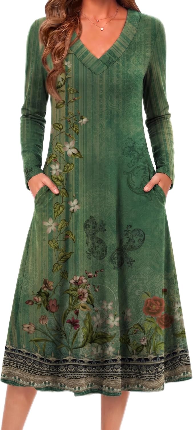 Zeagoo Dresses for Womens Long Sleeve Midi Dress Fall Casual A Line Dress | Fall Outfits 2026,V Neck Flare Dress with Pockets,Winter Long Dresses For Women,Floral Printed,Business Casual,Flowy Swing