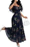 GothDark Women's Floral Mesh A-Line Short Sleeve Party Wedding Guest Dress | Flower Sweetheart Neckline High Waist Double-layered Semi Formal Cocktail Flowy Elegant Maxi Dresses Soft Comfortable