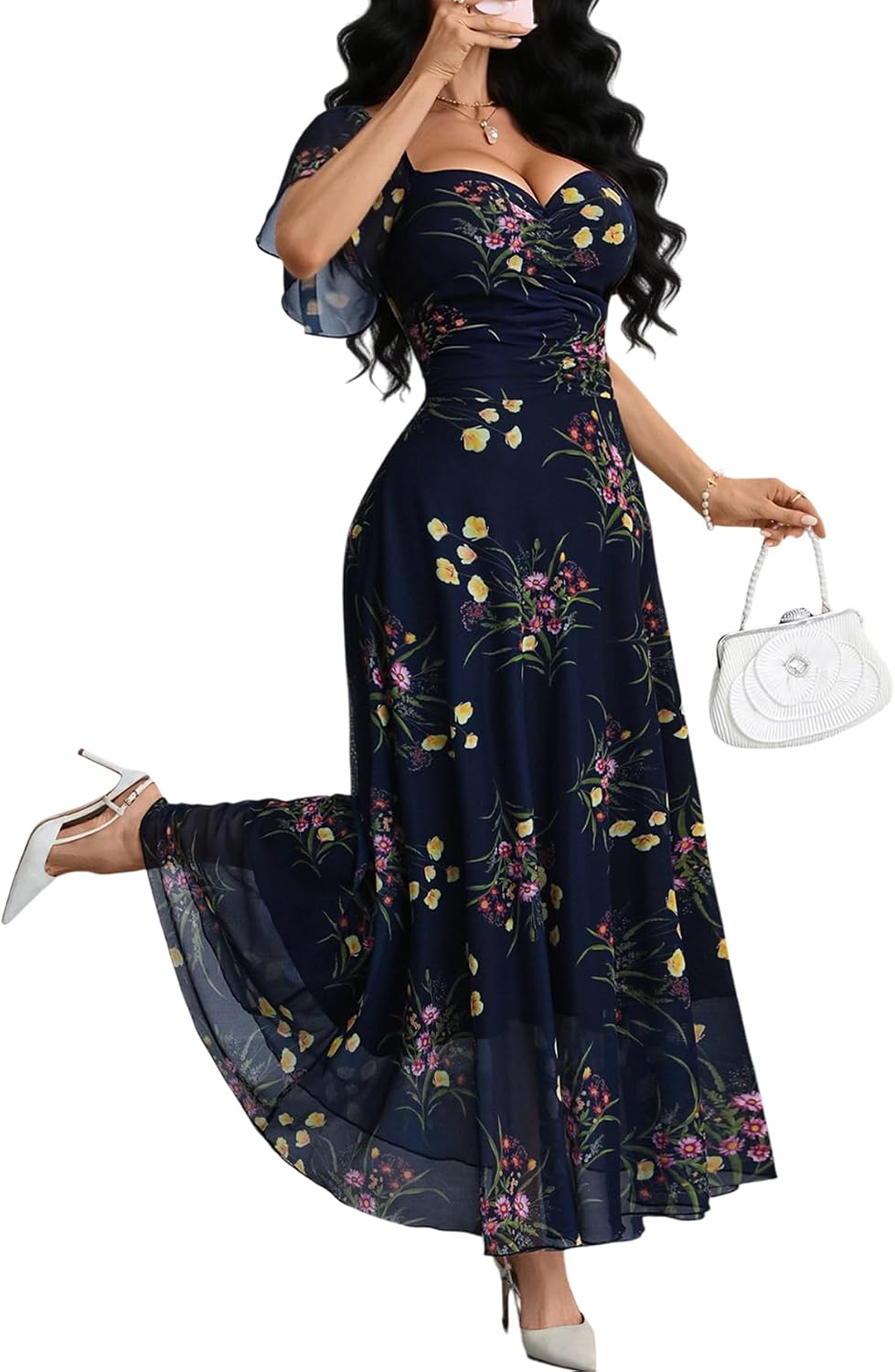 GothDark Women's Floral Mesh A-Line Short Sleeve Party Wedding Guest Dress | Flower Sweetheart Neckline High Waist Double-layered Semi Formal Cocktail Flowy Elegant Maxi Dresses Soft Comfortable