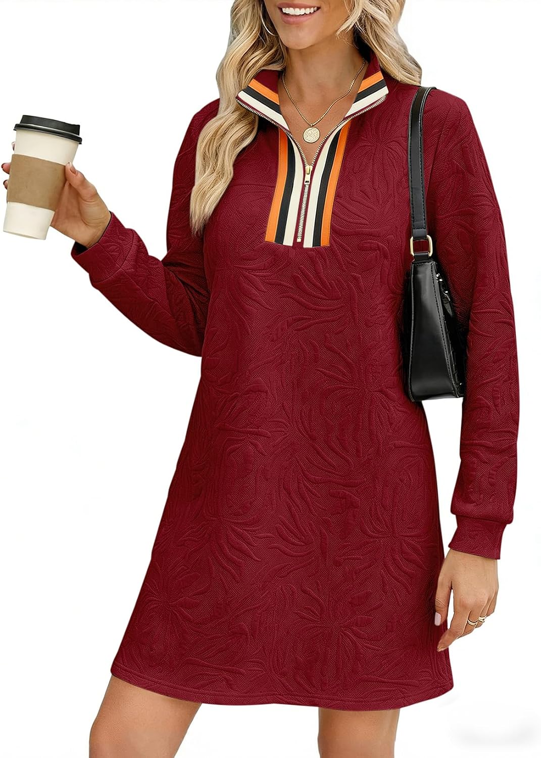 BLENCOT Women's Dress Zip Up Stand Neck Pullover Sweatshirt Mini Dresses | Stand Collar Textured Long Sleeve Mini Pullover Colorblock Mini Dress,Fall Work Daily School Teacher