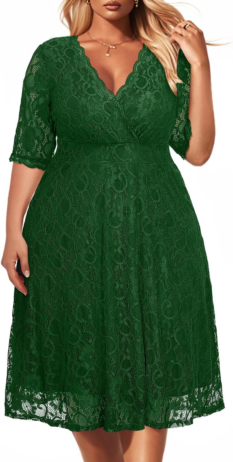 Women's Plus Size Wedding Guest Cocktail Party Semi Formal Lace Dress | Wrap v neck, knee length, half sleeves, midi swing dress, empire waist, elegant floral lace overlay, soft lined