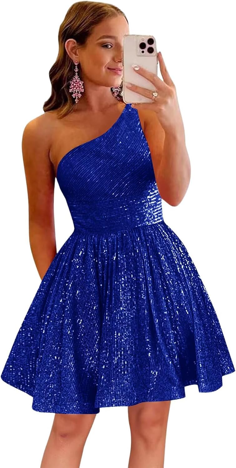 MstinGcc One Shoulder Sequin Sparkly Short Homecoming Dress for Teens 2026 | Glitter HOCO Dresses for Womens A-Line Prom Cocktail Party Dress Backless Sleeveless Corset Mini Gowns