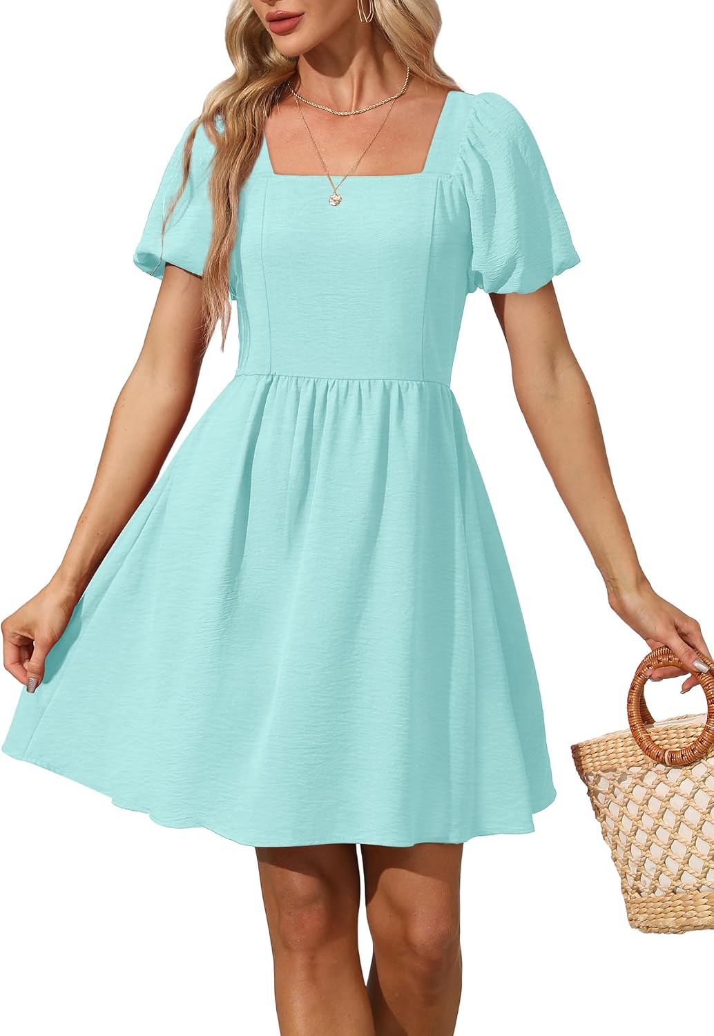 OFEEFAN Women Puff Sleeve Square Neck Tie in Back Dresses with Zipper