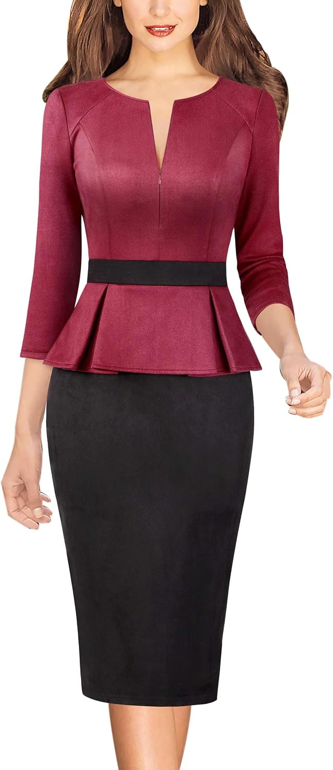 VFSHOW Womens Work Business Office Front Zipper Peplum Church Sheath Dress | 3\/4 Sleeves, Elegant, Spring Fall, Church, Funeral, Slimming Fitted Bodycon Dresses