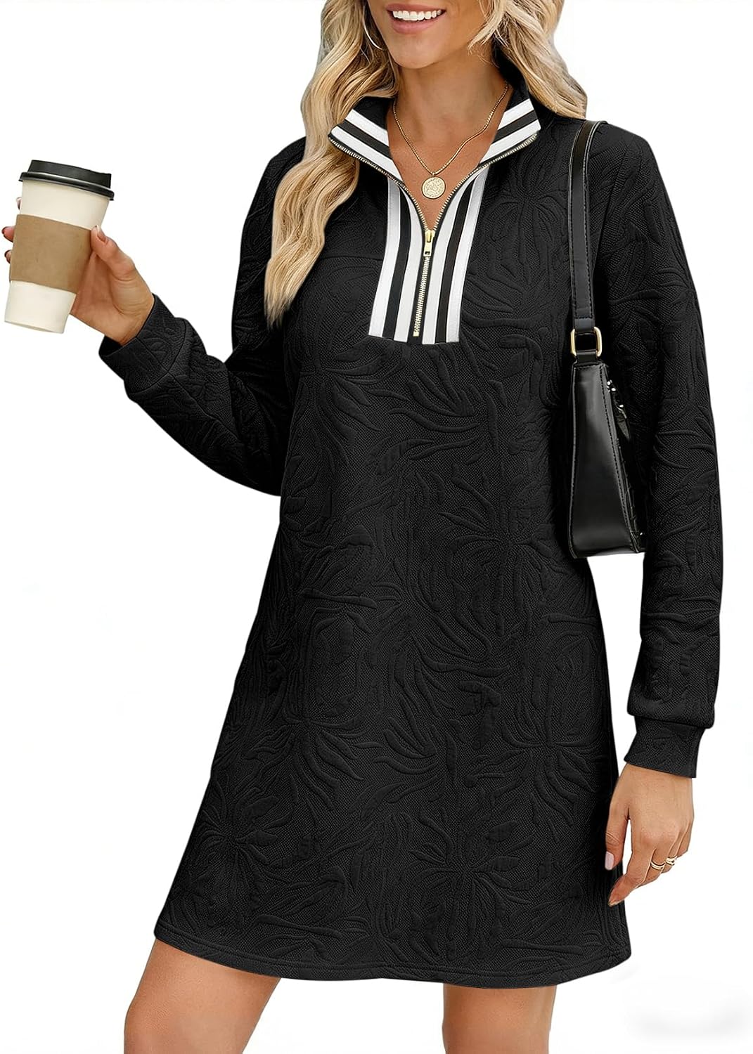 BLENCOT Women's Dress Zip Up Stand Neck Pullover Sweatshirt Mini Dresses | Stand Collar Textured Long Sleeve Mini Pullover Colorblock Mini Dress,Fall Work Daily School Teacher