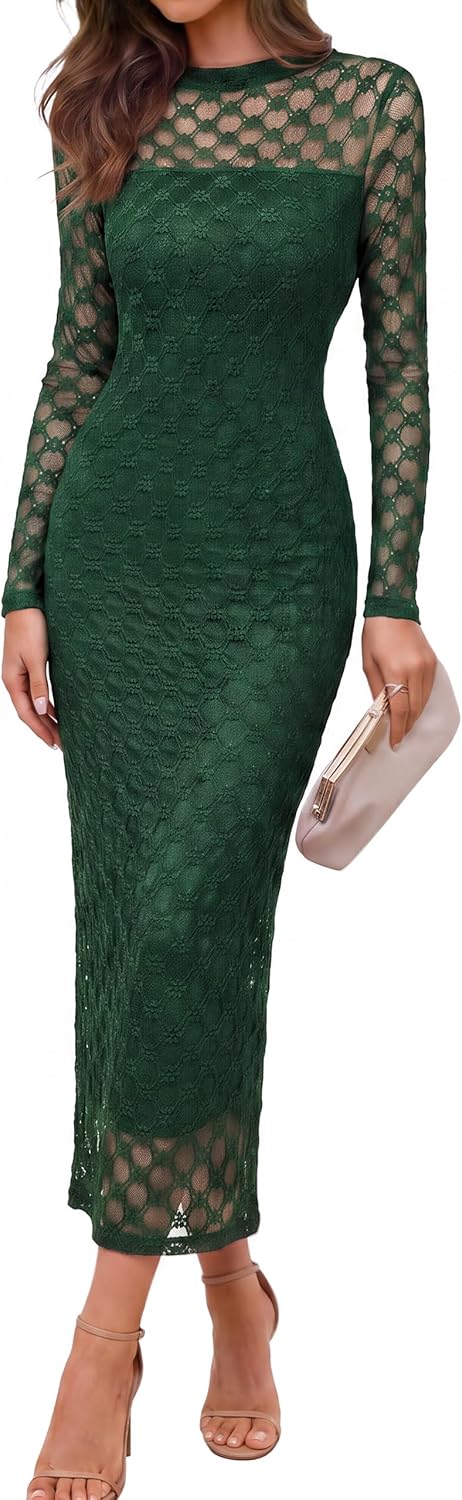 Simplee Womens Lace Maxi Formal Wedding Guest Elegant Bodycon Dress | long Sheer Mesh Sleeve, Crew Neck, Slim Fit, Mermaid, Lined, Cocktail Party, Bridal Shower, Prom, Fall Dresses