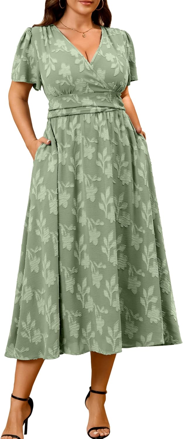 RWJ Womens Plus Size Wedding Guest Dress Summer Boho Floral Maxi Dresses | Semi Formal Evening Party Cocktail Dress with Pockets, Elegant Wrap V Neck Short Sleeve Empire Waist Spring Vacation Outfits