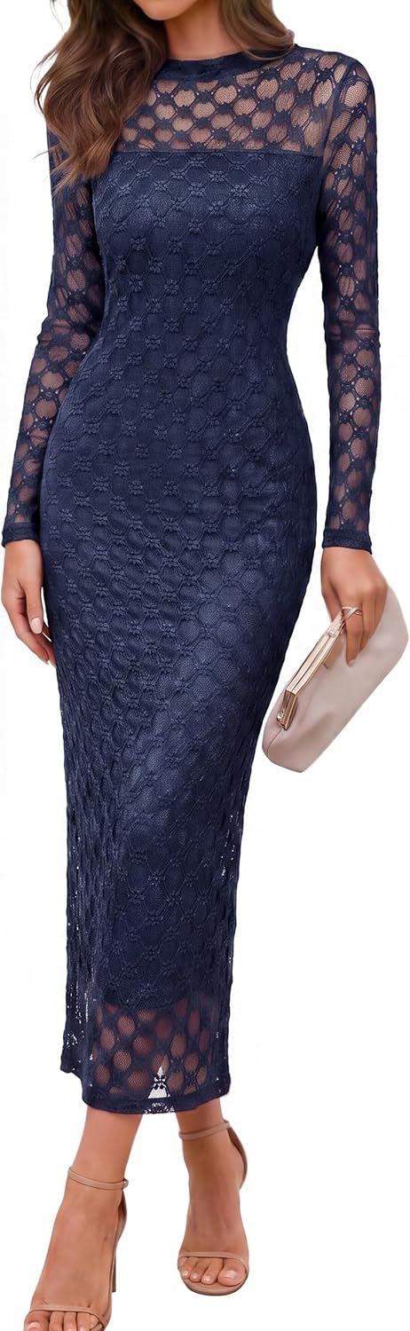 Simplee Womens Lace Maxi Formal Wedding Guest Elegant Bodycon Dress | long Sheer Mesh Sleeve, Crew Neck, Slim Fit, Mermaid, Lined, Cocktail Party, Bridal Shower, Prom, Fall Dresses