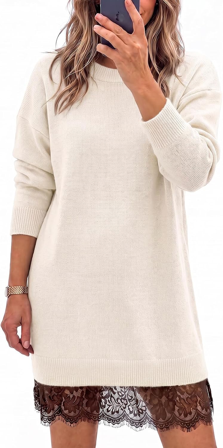 Wenrine Womens Fall Long Sleeve Lace Casual Knit Sweater Mini Dress | Paisley Print, Long Sleeve, Crew Neck, Knit, Loose Fit, Patchwork, High Waist, Quiet Luxury, Short Dress, Casual, Mini