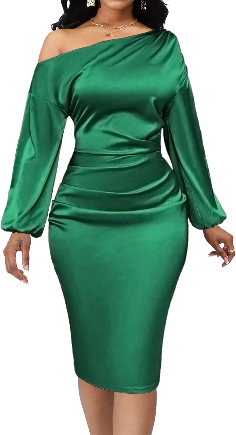 Yiershu Women's Fall Off Shoulder Bodycon Dress Elegant Long Sleeve | Formal Cocktail Party Midi Maxi Dresses for Women Weekend Holiday Club Wedding