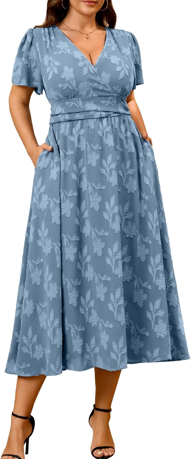 RWJ Womens Plus Size Wedding Guest Dress Summer Boho Floral Maxi Dresses | Semi Formal Evening Party Cocktail Dress with Pockets, Elegant Wrap V Neck Short Sleeve Empire Waist Spring Vacation Outfits