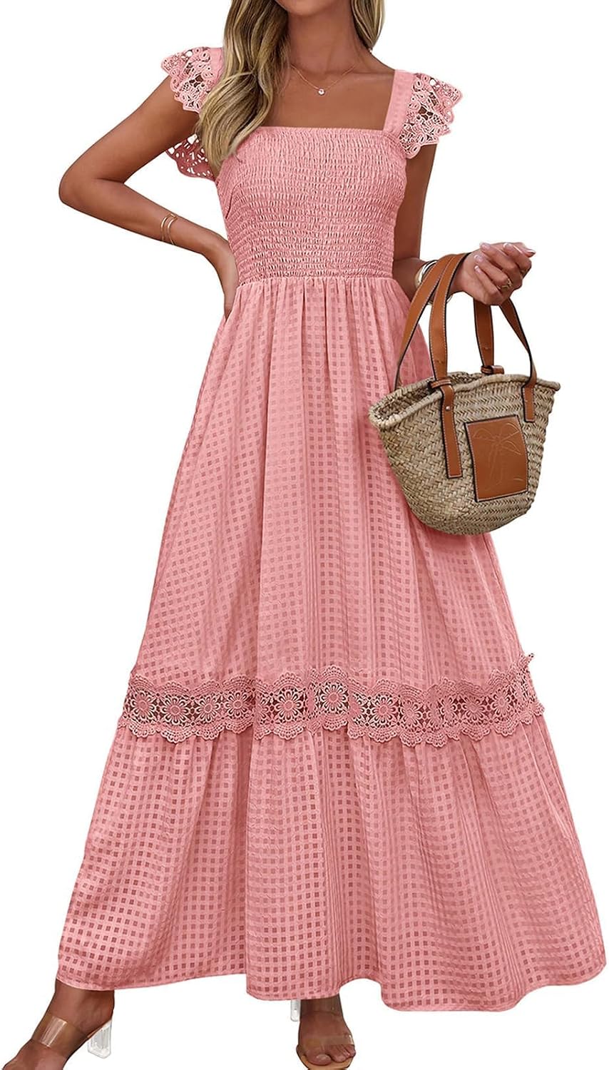 PRETTYGARDEN Women's Smocked Summer Maxi Dresses 2026 Ruffle Cap Sleeve Square Neck Lace Detail Flowy Sundress with Pockets