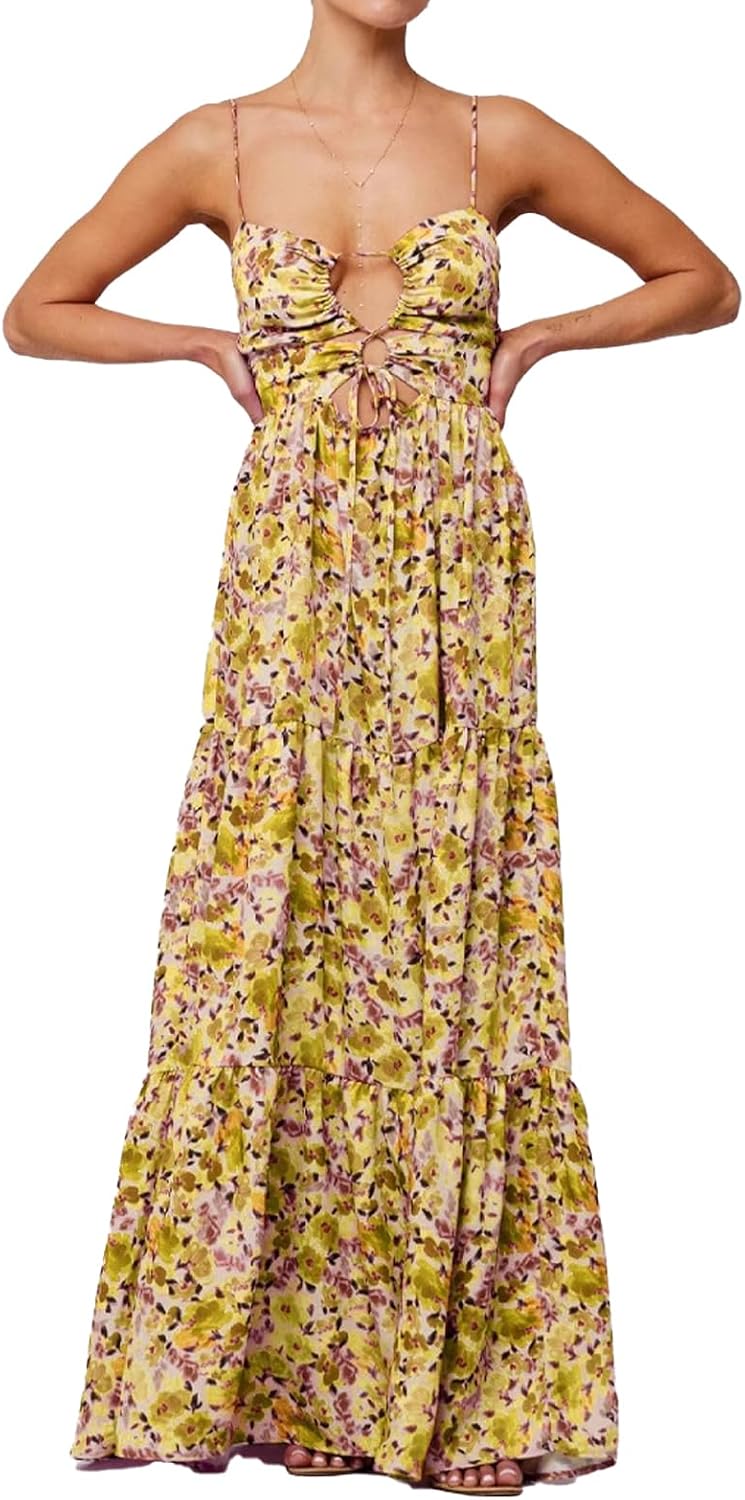 ABYOVRT Women Floral Maxi Dress Tie Front Cut Out Backless Boho Spaghetti Strap Summer Beach Sundress