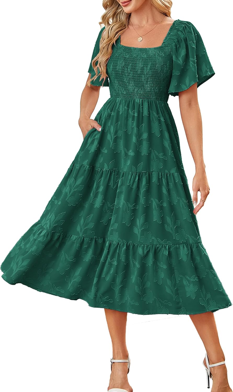 Kikibell Women Boho Maxi Dresses Summer Short Sleeve Square Neck Smocked Flowy Midi Casual Beach Party Dress with Pockets
