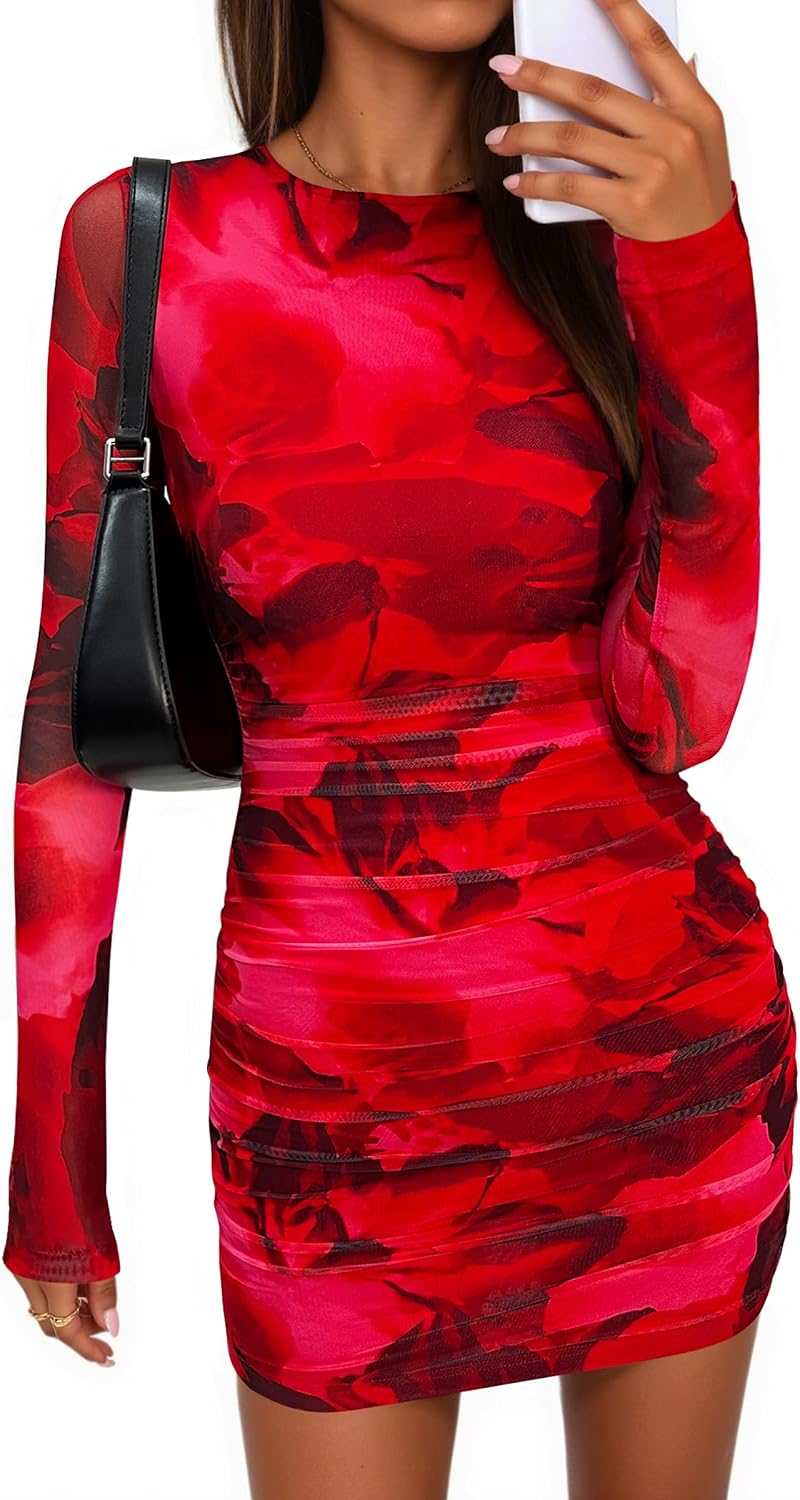 PRETTYGARDEN Mesh Mini Dresses for Women Long Sleeve | Fall Tie Dye Printed,Ruched Bodycon,Birthday Dinner,Night Out,Cocktail Party Club Outfits,Homecoming Going Out Dress
