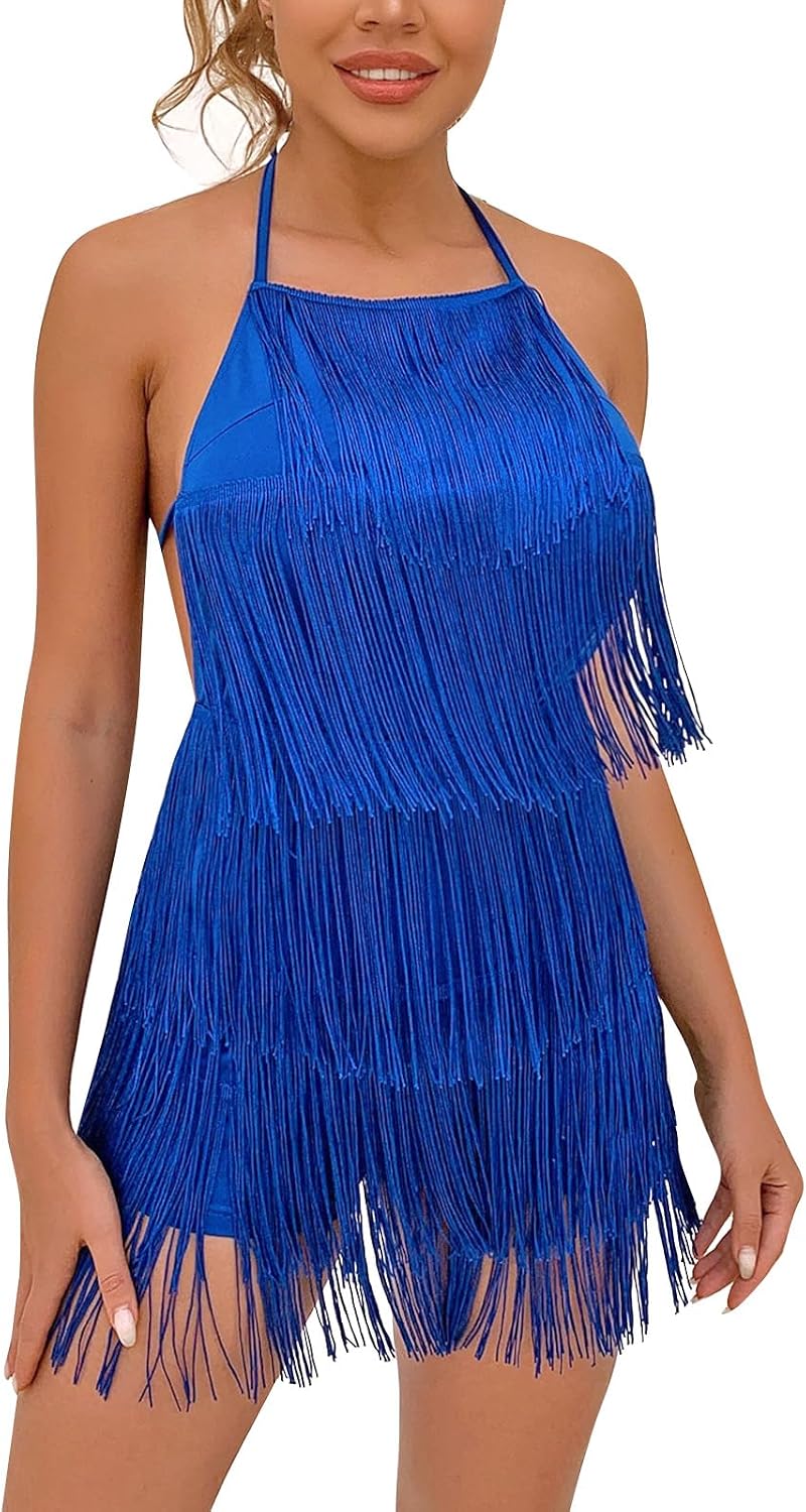 Sexy Backless Fringe Dress Jumpsuit - Womens Club Boho Tassel Tiered Halter Playsuit Festival Bodysuit Romper