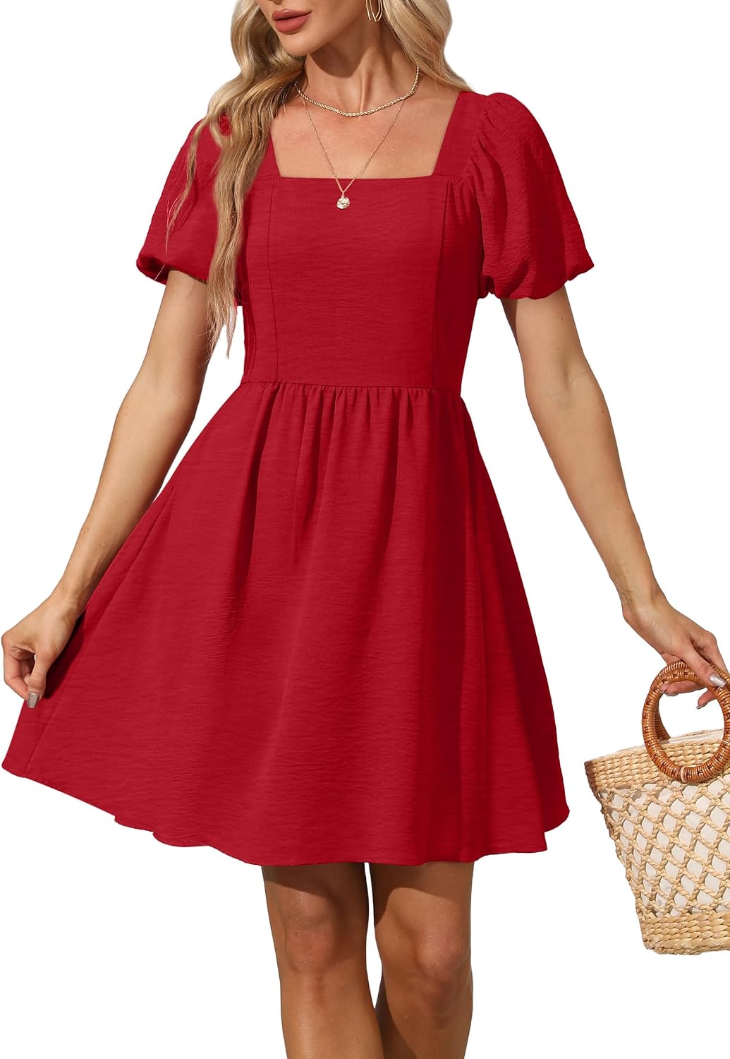 OFEEFAN Women Puff Sleeve Square Neck Tie in Back Dresses with Zipper