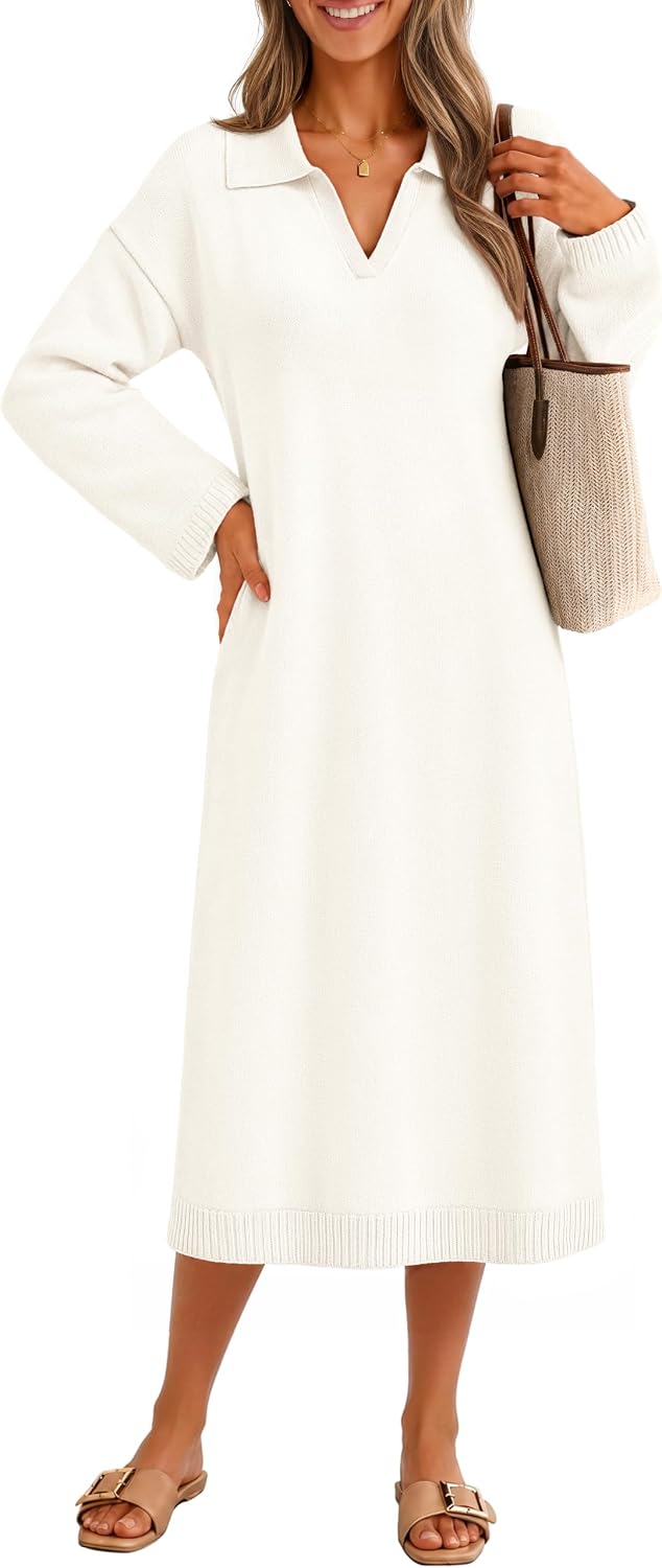 MEROKEETY Women's Fall Long Sleeve Midi Sweater Dress V Neck Knit Dresses | Loose Fit Maternity Dress, Stretchy Soft, Collared Teacher Outfit, Office Work, Daily Casual, Baby Shower, Winter Clothing