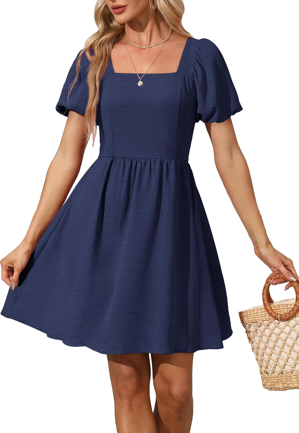 OFEEFAN Women Puff Sleeve Square Neck Tie in Back Dresses with Zipper