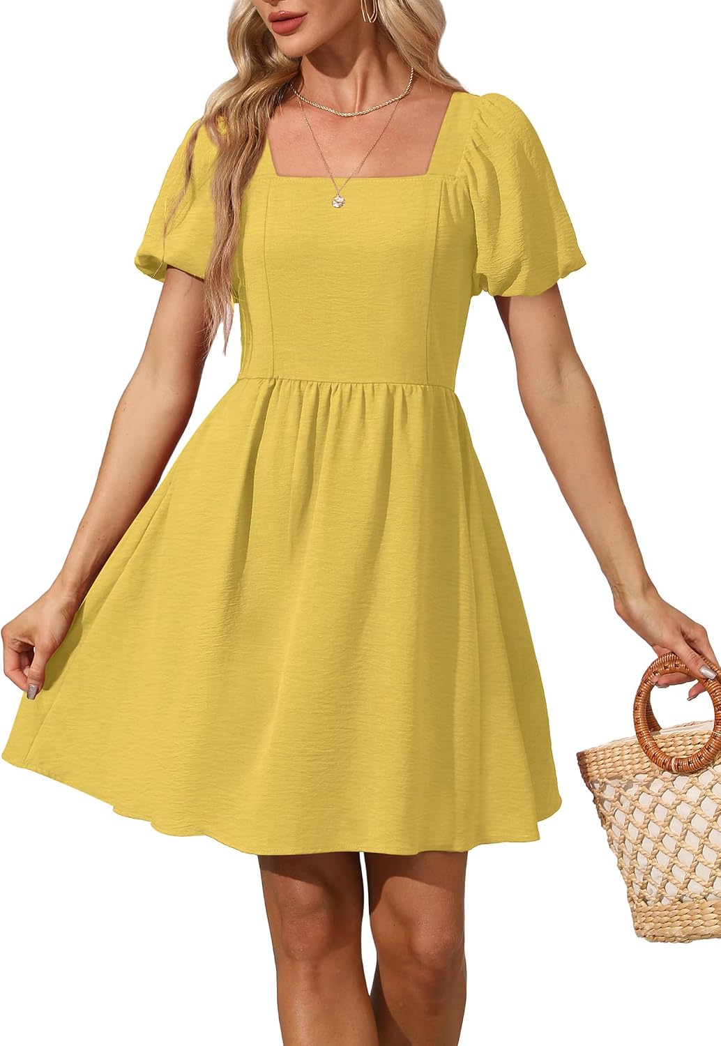 OFEEFAN Women Puff Sleeve Square Neck Tie in Back Dresses with Zipper