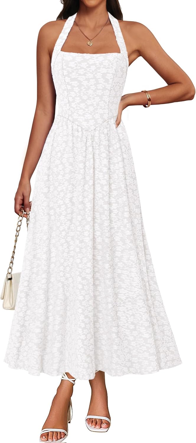 IWD Backless Dress for Women with Jacquard for Summer | Flowy A Line, Floral Textured, Adjustable Halter, Fitted High Waist Sleeveless, Casual Formal Cocktail, Side Pockets