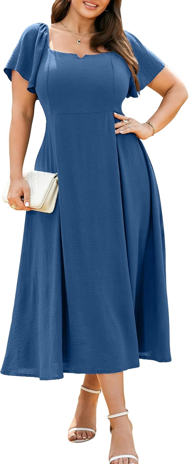RWJ Plus Size Dresses for Women Wedding Guest Cocktail Summer Maxi Dress | Gowns Evening Party Formal Dresses, Elegant Square V Neck, Short Sleeve Off Shoulder, Pleated Empire Waist Dress with Pockets