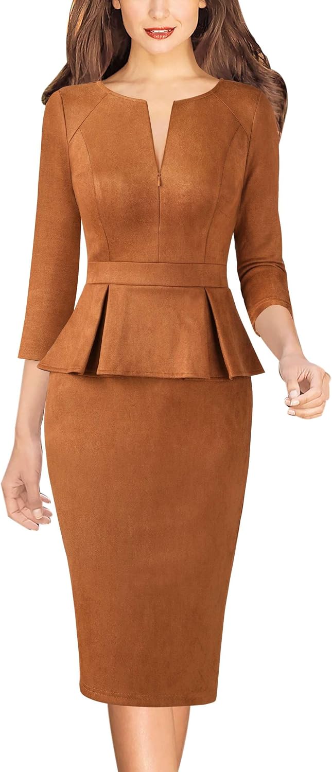 VFSHOW Womens Work Business Office Front Zipper Peplum Church Sheath Dress | 3\/4 Sleeves, Elegant, Spring Fall, Church, Funeral, Slimming Fitted Bodycon Dresses