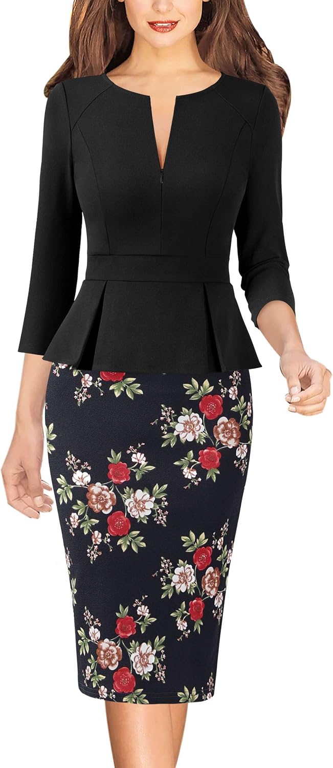 VFSHOW Womens Work Business Office Front Zipper Peplum Church Sheath Dress | 3\/4 Sleeves, Elegant, Spring Fall, Church, Funeral, Slimming Fitted Bodycon Dresses