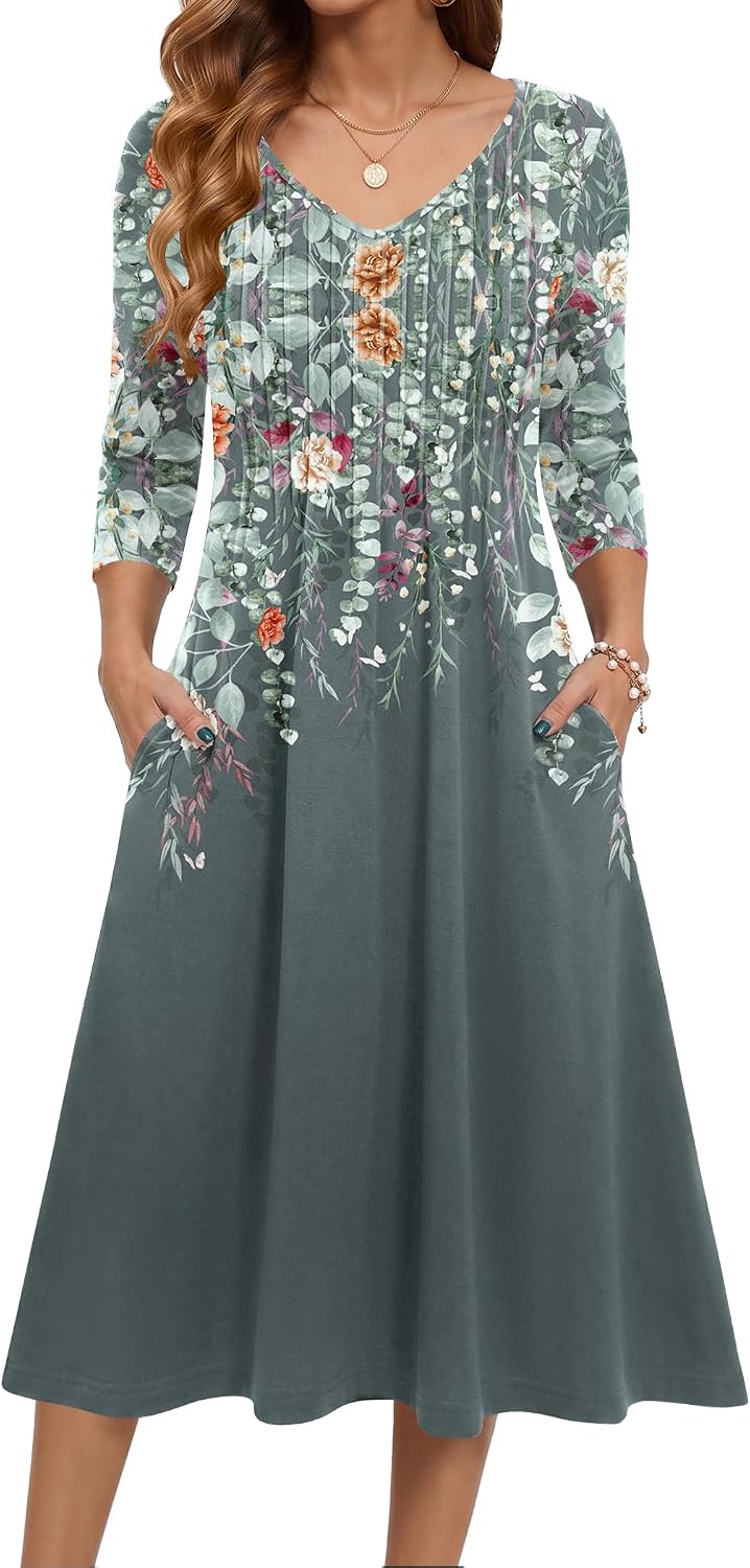Zeagoo 3\/4 Sleeve Women's Dress Pleated Midi Casual Dresses with Pockets | For A More Flattering Fit, We Recommend Choosing One Size Smaller And Pairing It With Your Own Belt For Decoration.
