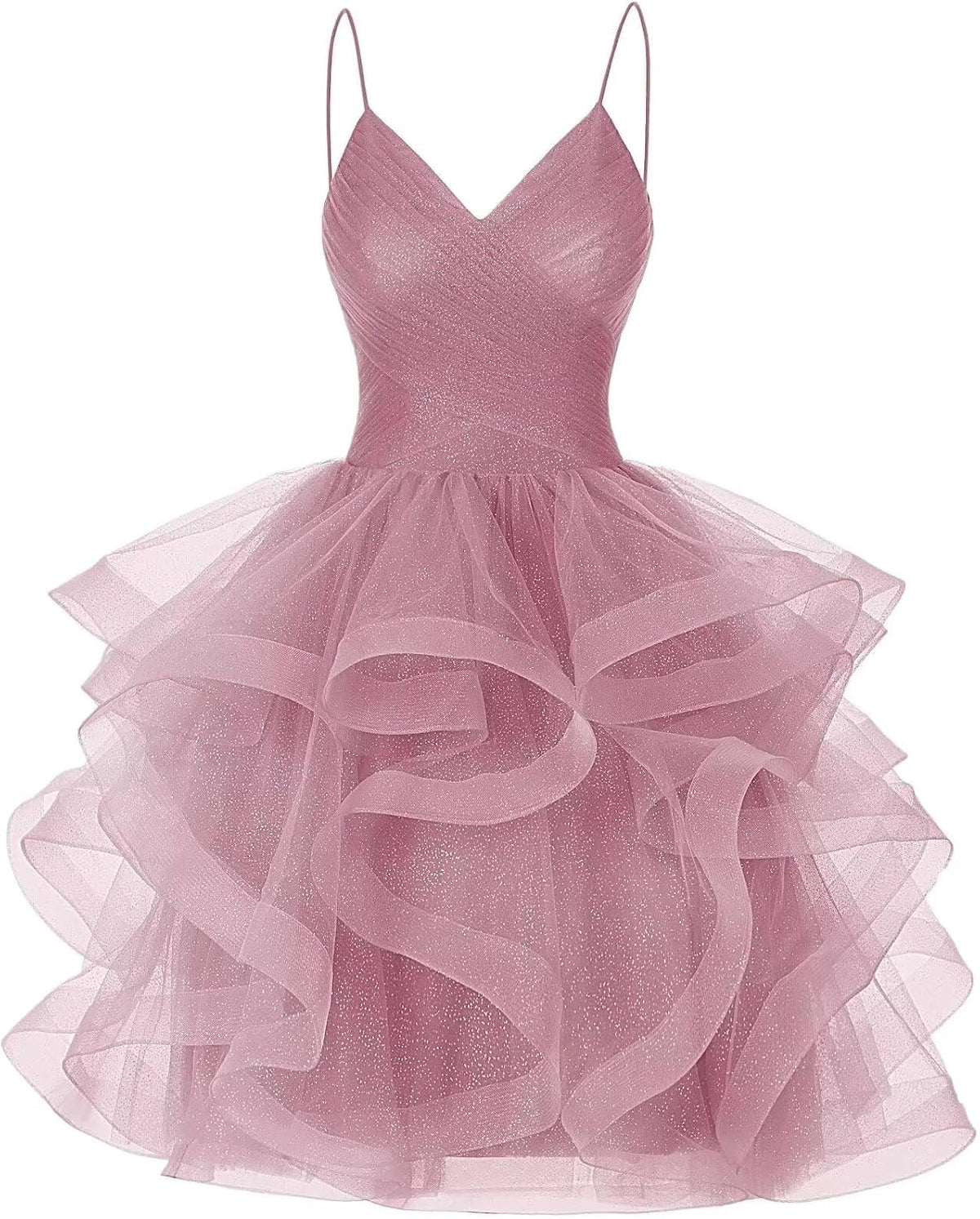 DKGOY Sparkly Tulle Homecoming Dresses for Teens Ruffle A-Line Short Prom Dress V Neck Cocktail Party Gown