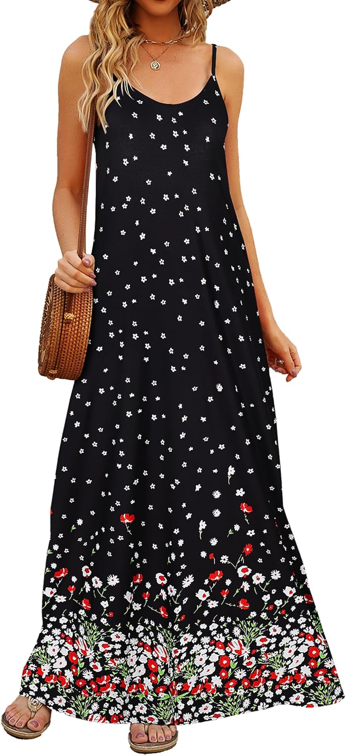 Supnier Women's Summer Spaghetti Strap V-Neck Bohemian Long Maxi Dress | Casual Loose Sleeveless Flowy Floral Long Maxi Dress with Pockets Beach Vacation Sundress