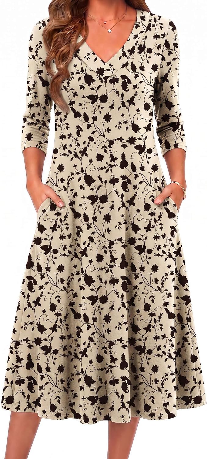 Zeagoo Dresses for Womens Long Sleeve Midi Dress Fall Casual A Line Dress | Fall Outfits 2026,V Neck Flare Dress with Pockets,Winter Long Dresses For Women,Floral Printed,Business Casual,Flowy Swing