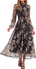 Simplee Womens Floral Wedding Guest Maxi Dress Flowy Mesh Fall Dress | Boho, Long Sleeve, Semi-Formal, Elastic Waist, Elegant, Baby Shower, Church, A-line