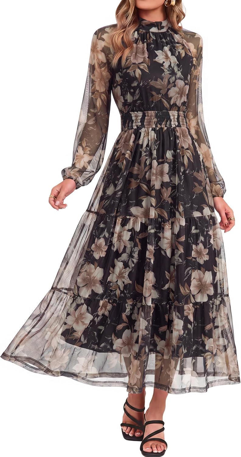 Simplee Womens Floral Wedding Guest Maxi Dress Flowy Mesh Fall Dress | Boho, Long Sleeve, Semi-Formal, Elastic Waist, Elegant, Baby Shower, Church, A-line