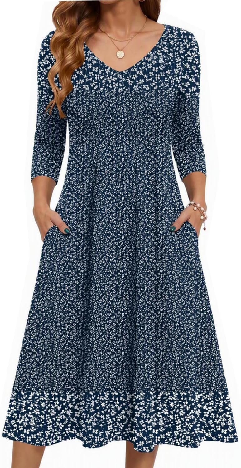 Zeagoo 3\/4 Sleeve Women's Dress Pleated Midi Casual Dresses with Pockets | For A More Flattering Fit, We Recommend Choosing One Size Smaller And Pairing It With Your Own Belt For Decoration.