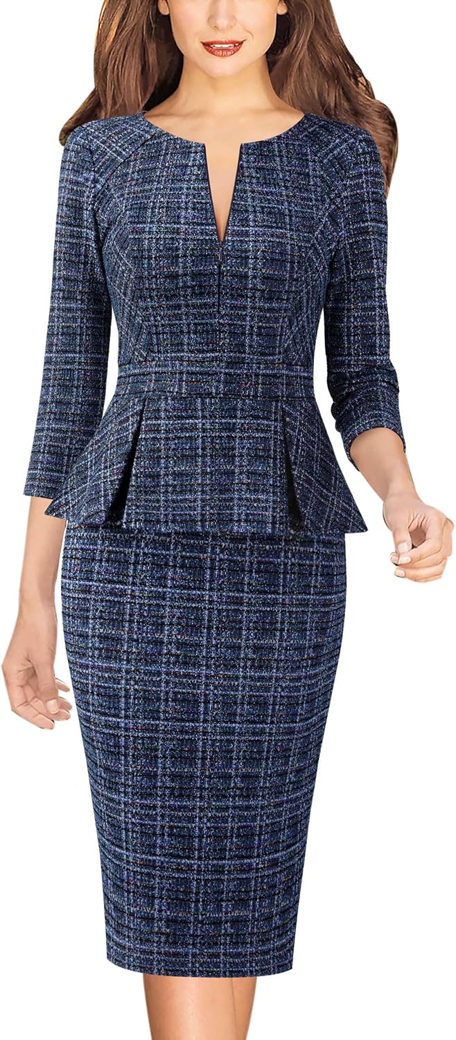 VFSHOW Womens Work Business Office Front Zipper Peplum Church Sheath Dress | 3\/4 Sleeves, Elegant, Spring Fall, Church, Funeral, Slimming Fitted Bodycon Dresses