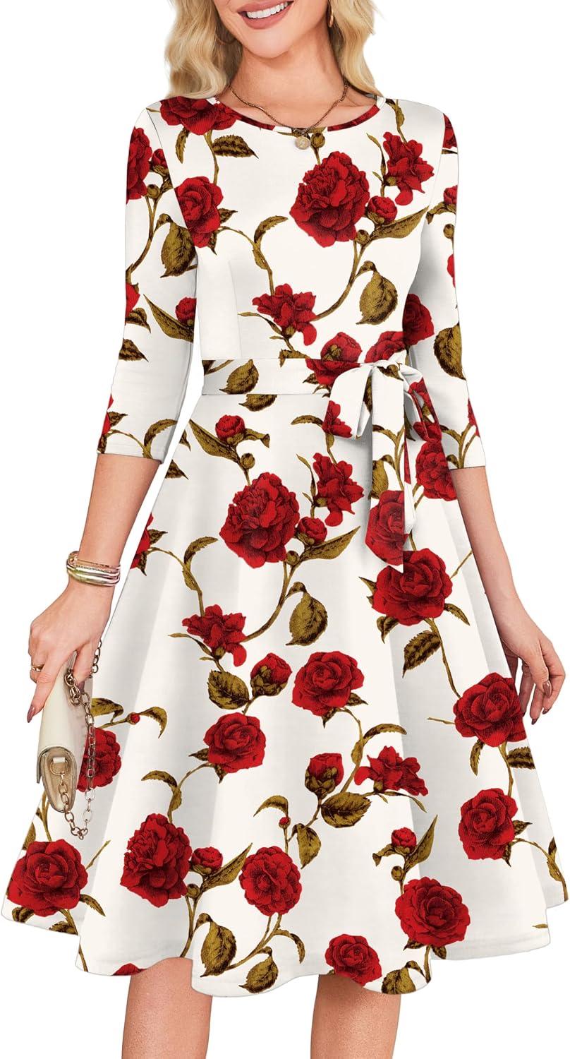 RUMIA Womens Cocktail Dresses 3\/4 Sleeve Dress with Belt (XS-3XL) | Wrinkle-resistant & Tummy-flattering Vintage Fit. Ideal for Wedding Guest, Church, Work, Vacation & Holiday events.