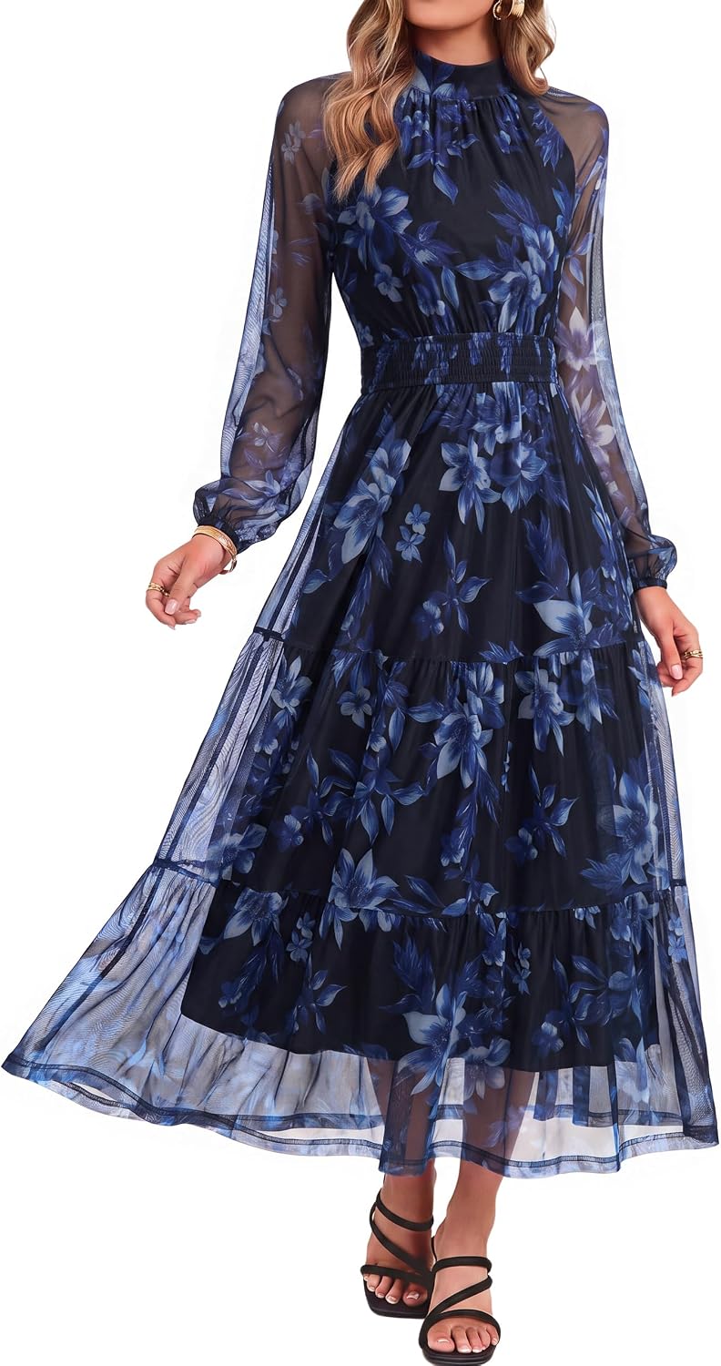 Simplee Womens Floral Wedding Guest Maxi Dress Flowy Mesh Fall Dress | Boho, Long Sleeve, Semi-Formal, Elastic Waist, Elegant, Baby Shower, Church, A-line