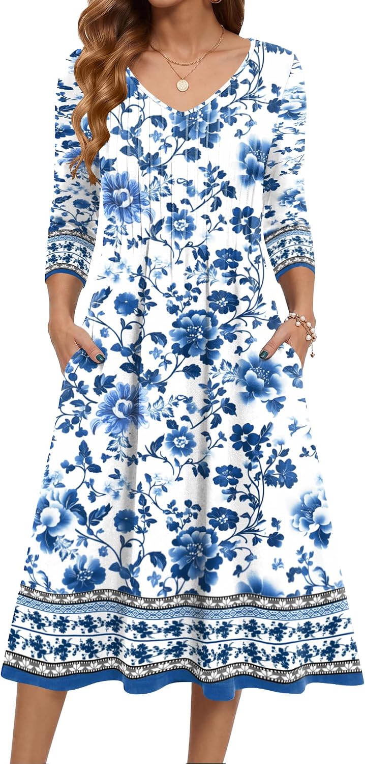 Zeagoo 3\/4 Sleeve Women's Dress Pleated Midi Casual Dresses with Pockets | For A More Flattering Fit, We Recommend Choosing One Size Smaller And Pairing It With Your Own Belt For Decoration.