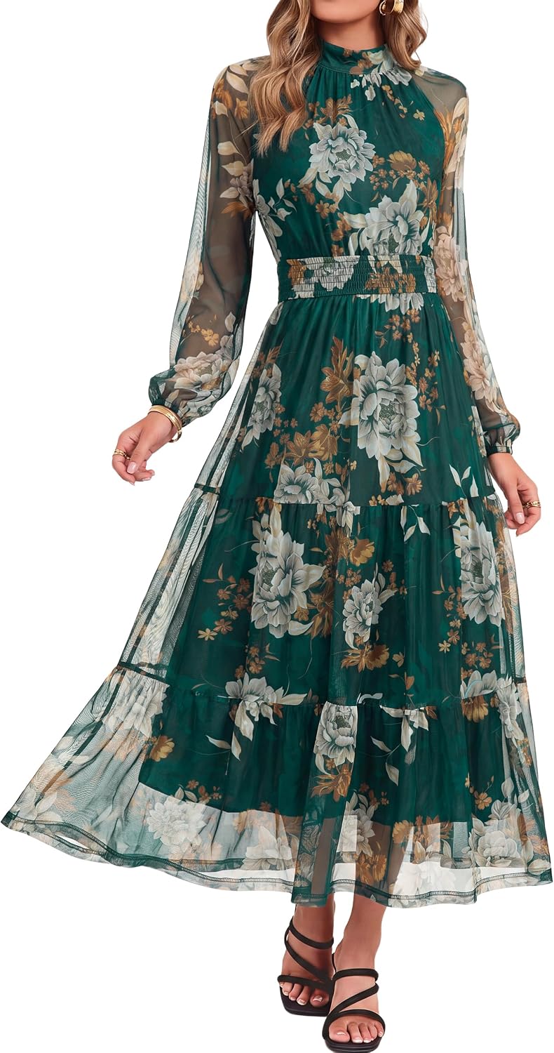 Simplee Womens Floral Wedding Guest Maxi Dress Flowy Mesh Fall Dress | Boho, Long Sleeve, Semi-Formal, Elastic Waist, Elegant, Baby Shower, Church, A-line