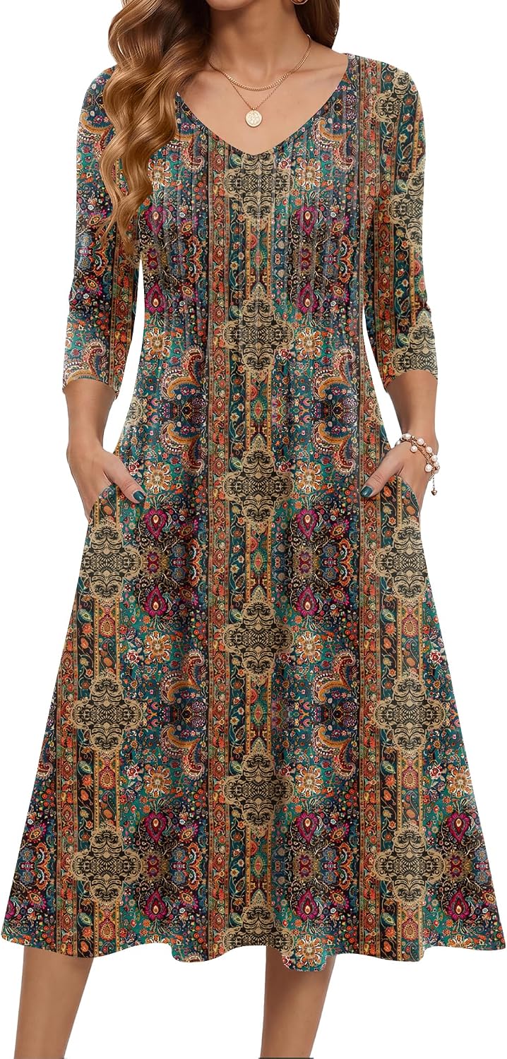 Zeagoo 3\/4 Sleeve Women's Dress Pleated Midi Casual Dresses with Pockets | For A More Flattering Fit, We Recommend Choosing One Size Smaller And Pairing It With Your Own Belt For Decoration.