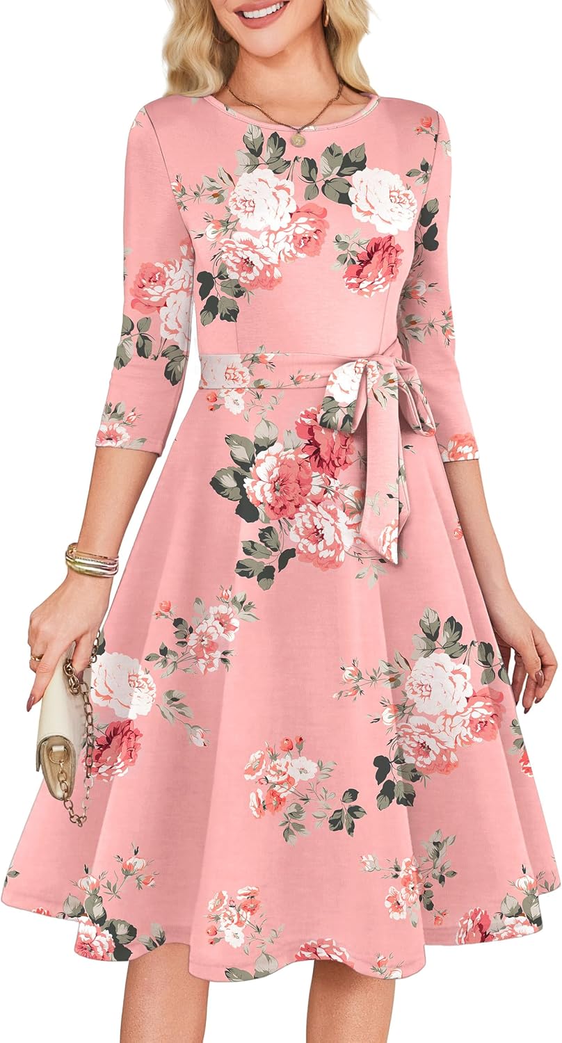 RUMIA Womens Cocktail Dresses 3\/4 Sleeve Dress with Belt (XS-3XL) | Wrinkle-resistant & Tummy-flattering Vintage Fit. Ideal for Wedding Guest, Church, Work, Vacation & Holiday events.