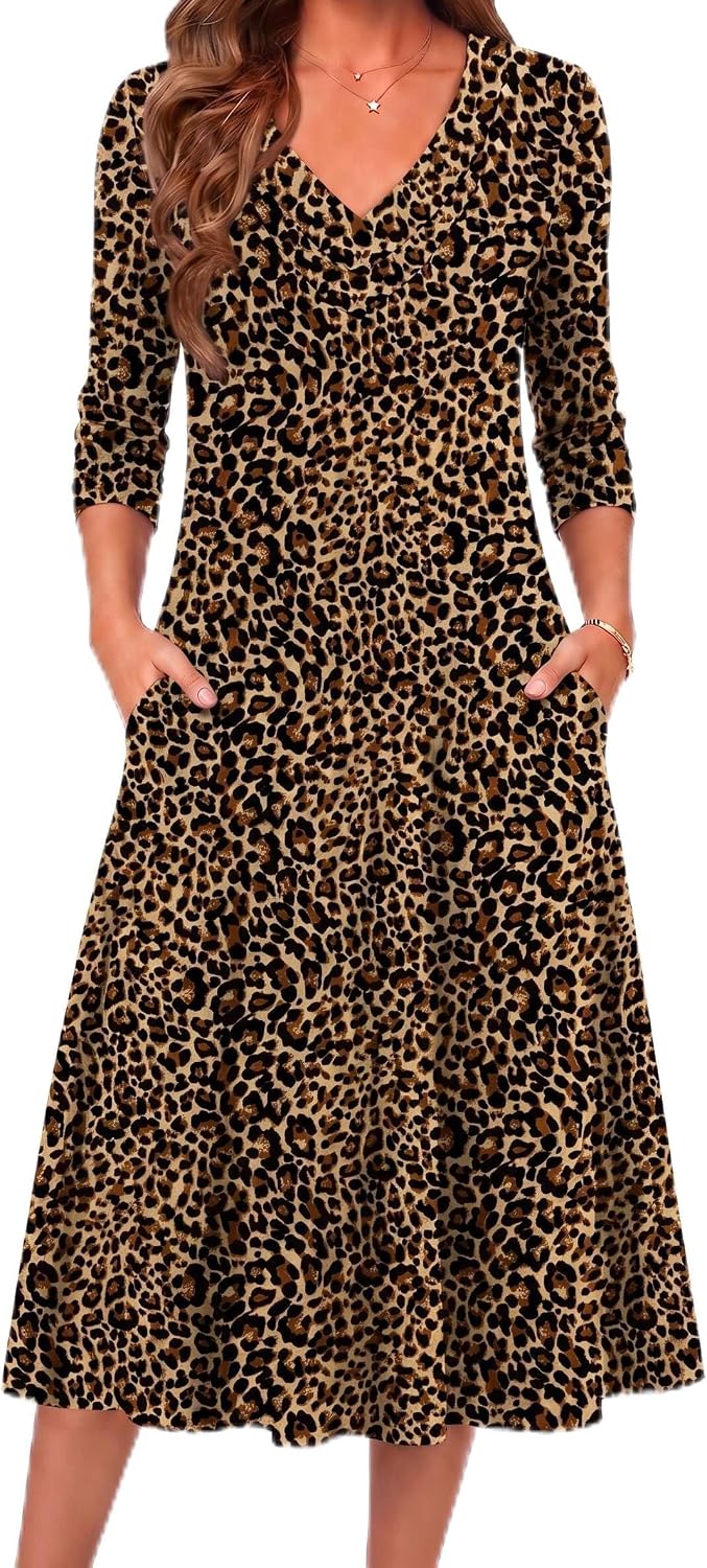 Zeagoo Dresses for Womens Long Sleeve Midi Dress Fall Casual A Line Dress | Fall Outfits 2026,V Neck Flare Dress with Pockets,Winter Long Dresses For Women,Floral Printed,Business Casual,Flowy Swing