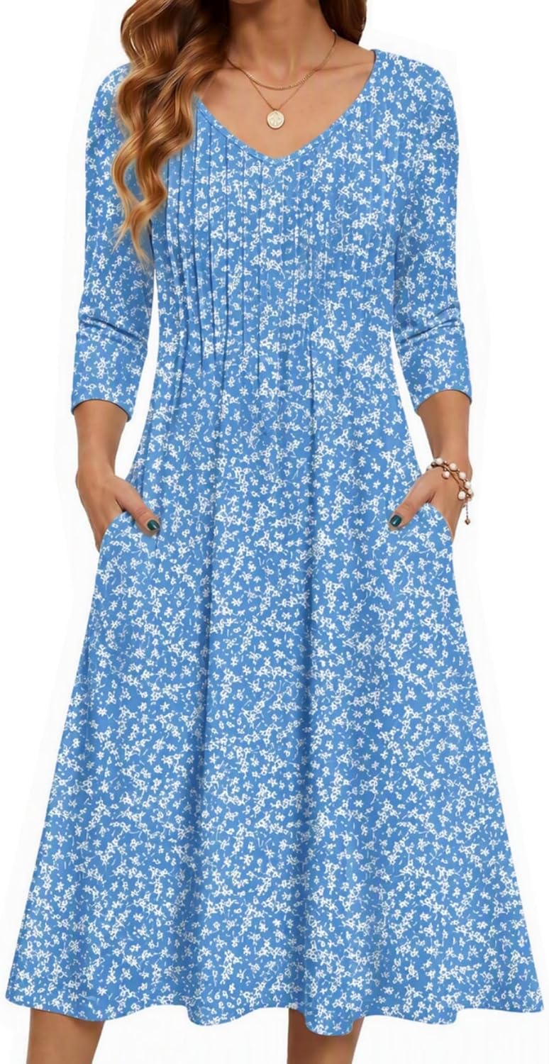 Zeagoo 3\/4 Sleeve Women's Dress Pleated Midi Casual Dresses with Pockets | For A More Flattering Fit, We Recommend Choosing One Size Smaller And Pairing It With Your Own Belt For Decoration.