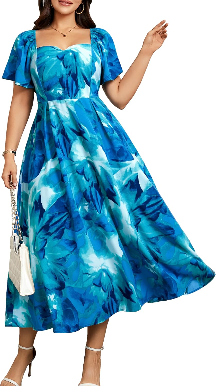 RWJ Plus Size Dresses for Women Wedding Guest Cocktail Summer Maxi Dress | Gowns Evening Party Formal Dresses, Elegant Square V Neck, Short Sleeve Off Shoulder, Pleated Empire Waist Dress with Pockets