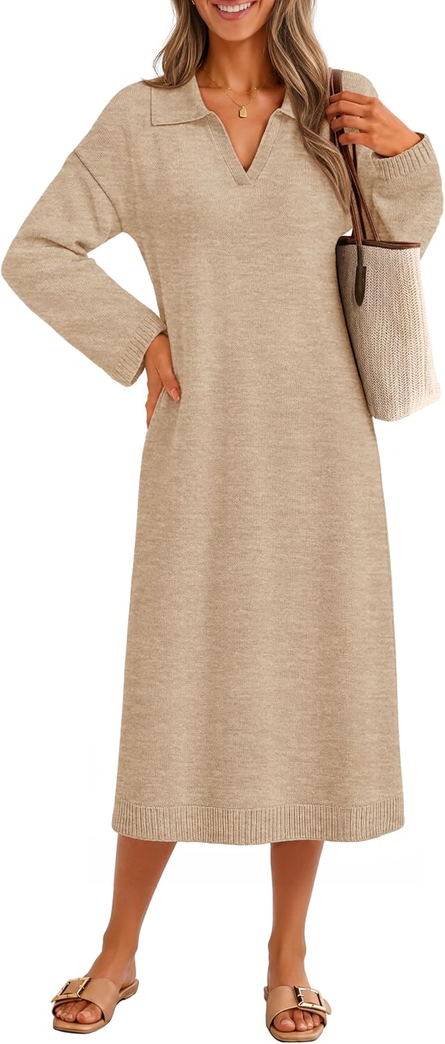 MEROKEETY Women's Fall Long Sleeve Midi Sweater Dress V Neck Knit Dresses | Loose Fit Maternity Dress, Stretchy Soft, Collared Teacher Outfit, Office Work, Daily Casual, Baby Shower, Winter Clothing